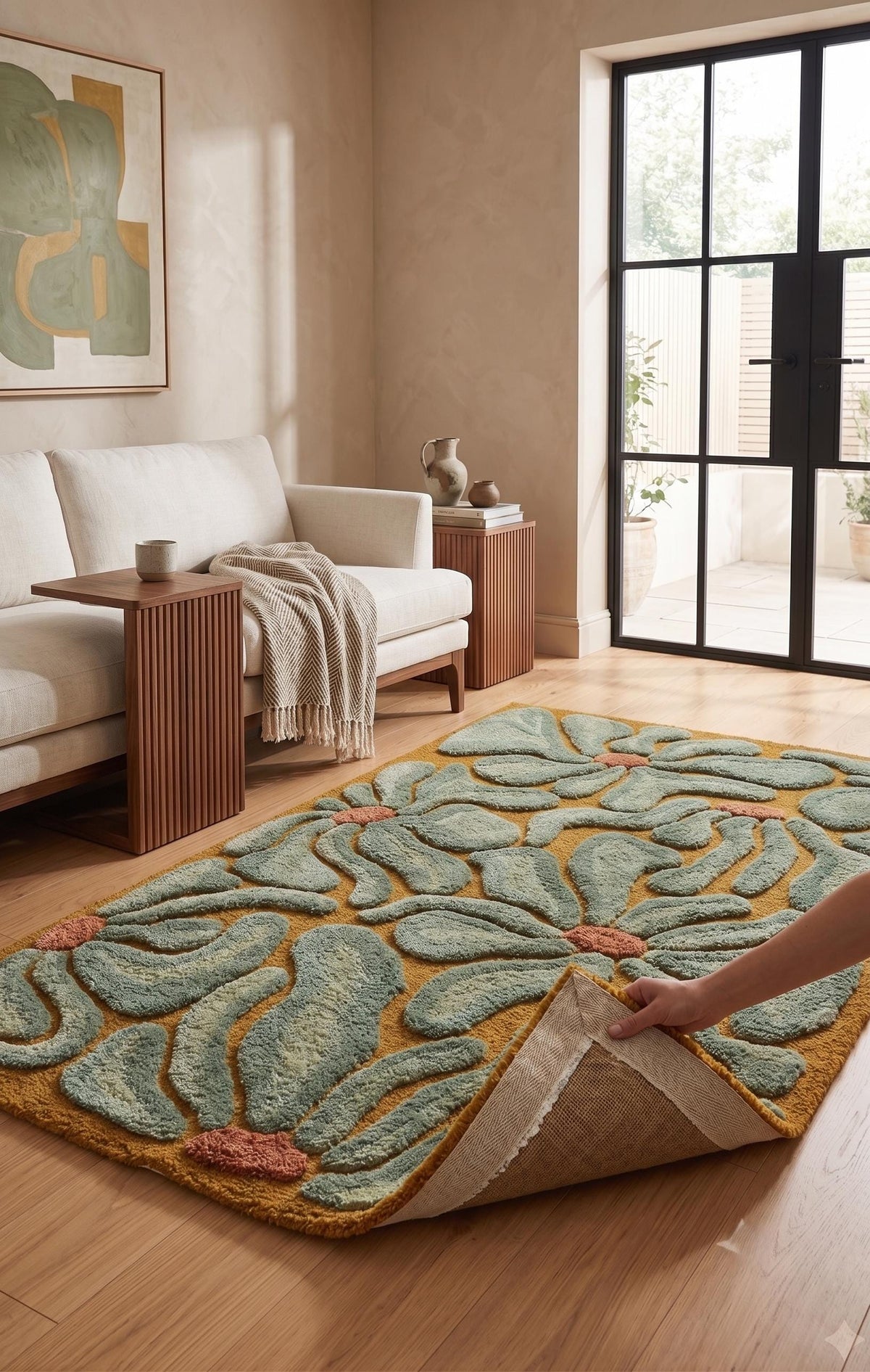 Sage Green and Mustard Daisy Rug – Hand Tufted 70s Retro Floral Wool Rug – image 2
