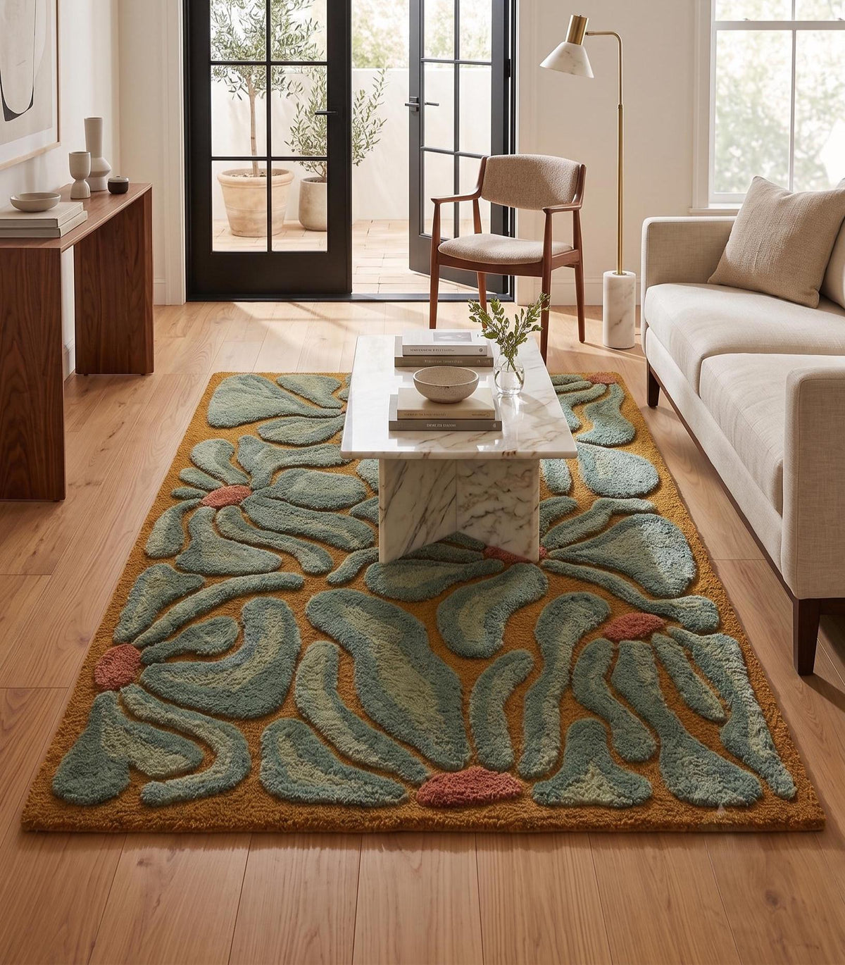 Sage Green and Mustard Daisy Rug – Hand Tufted 70s Retro Floral Wool Rug – image 1