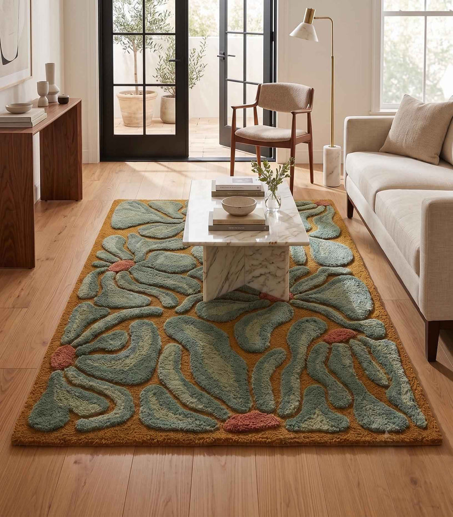 Sage Green and Mustard Daisy Rug – Hand Tufted 70s Retro Floral Wool Rug