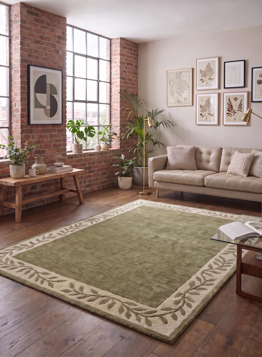 Sage Green Leaf Border Wool Rug – Hand Tufted Earthy Vintage Rug – image 5