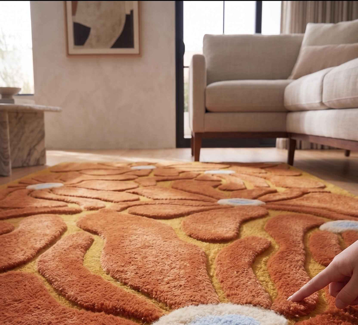 Terracotta and Mustard Retro Floral Rug – Hand Tufted 70s Wool Rug – image 3