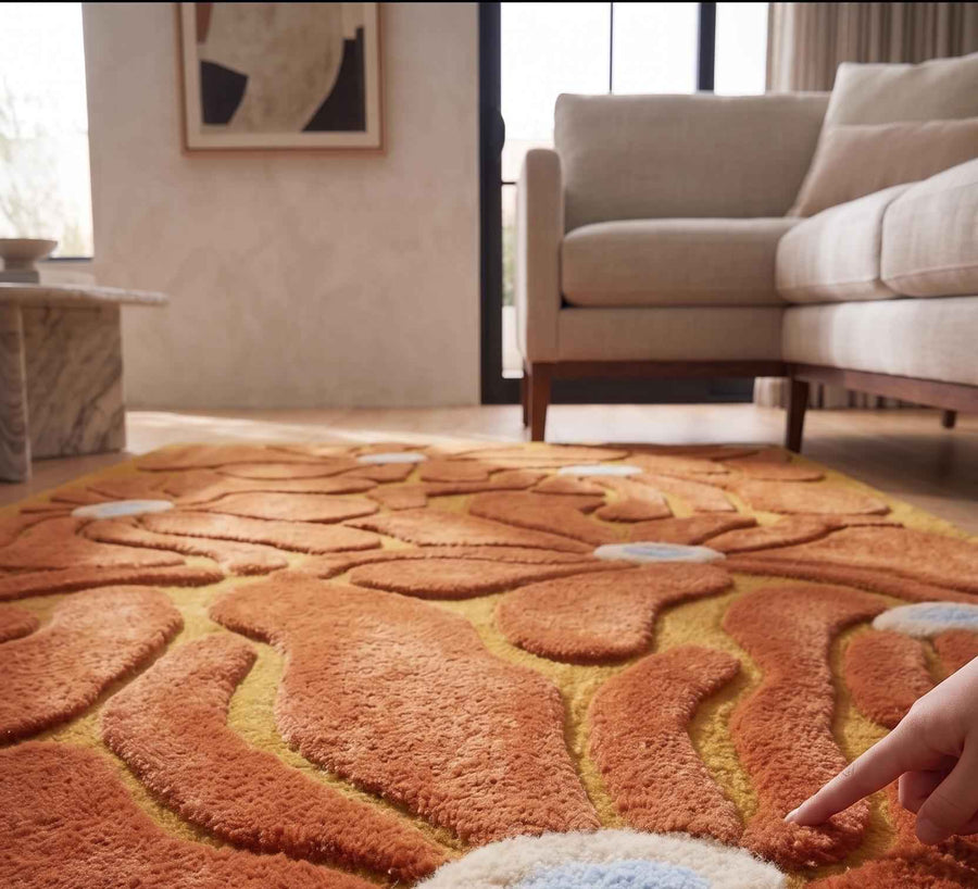 Terracotta and Mustard Retro Floral Rug – Hand Tufted 70s Wool Rug