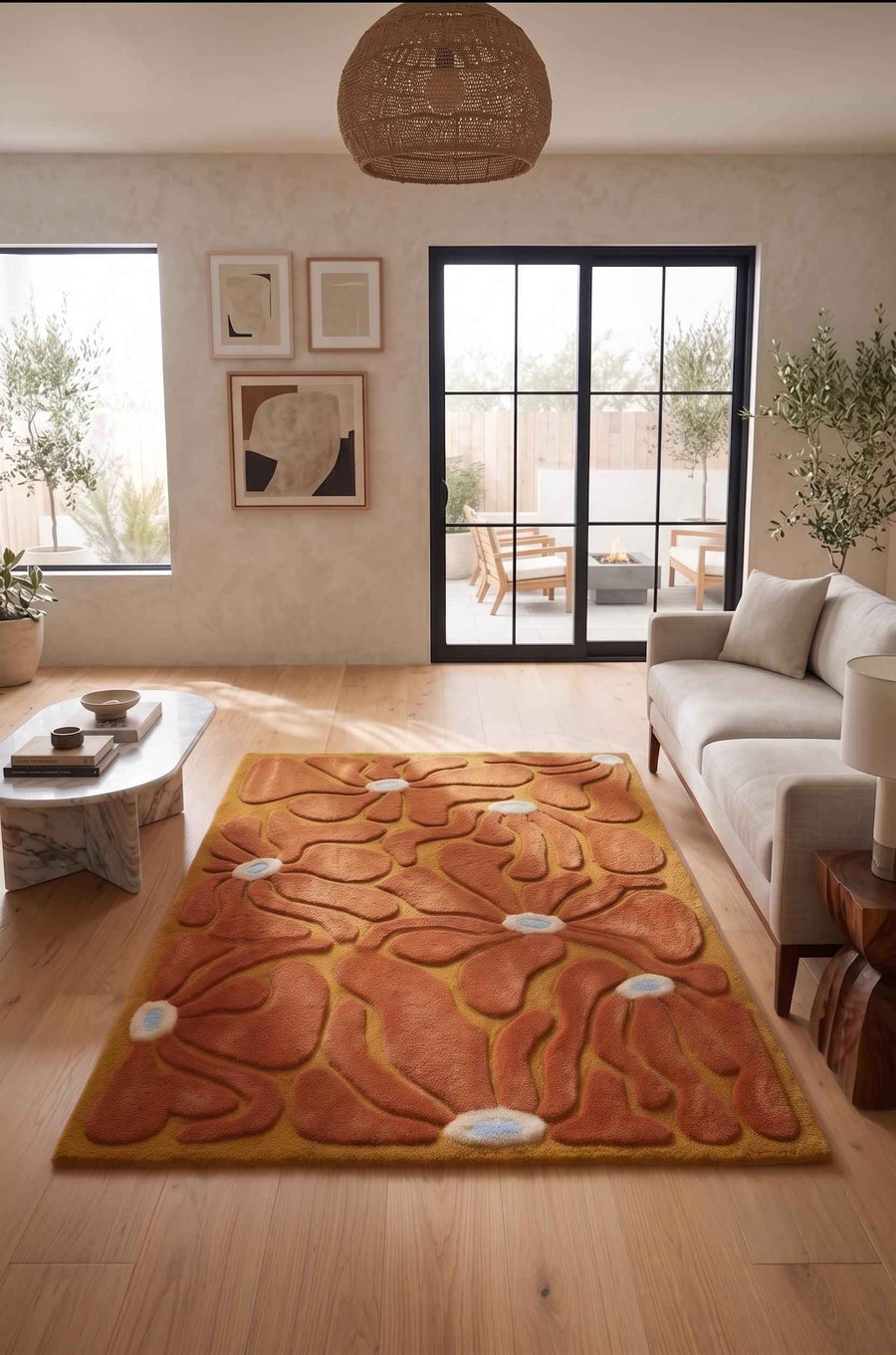 Terracotta and Mustard Retro Floral Rug – Hand Tufted 70s Wool Rug