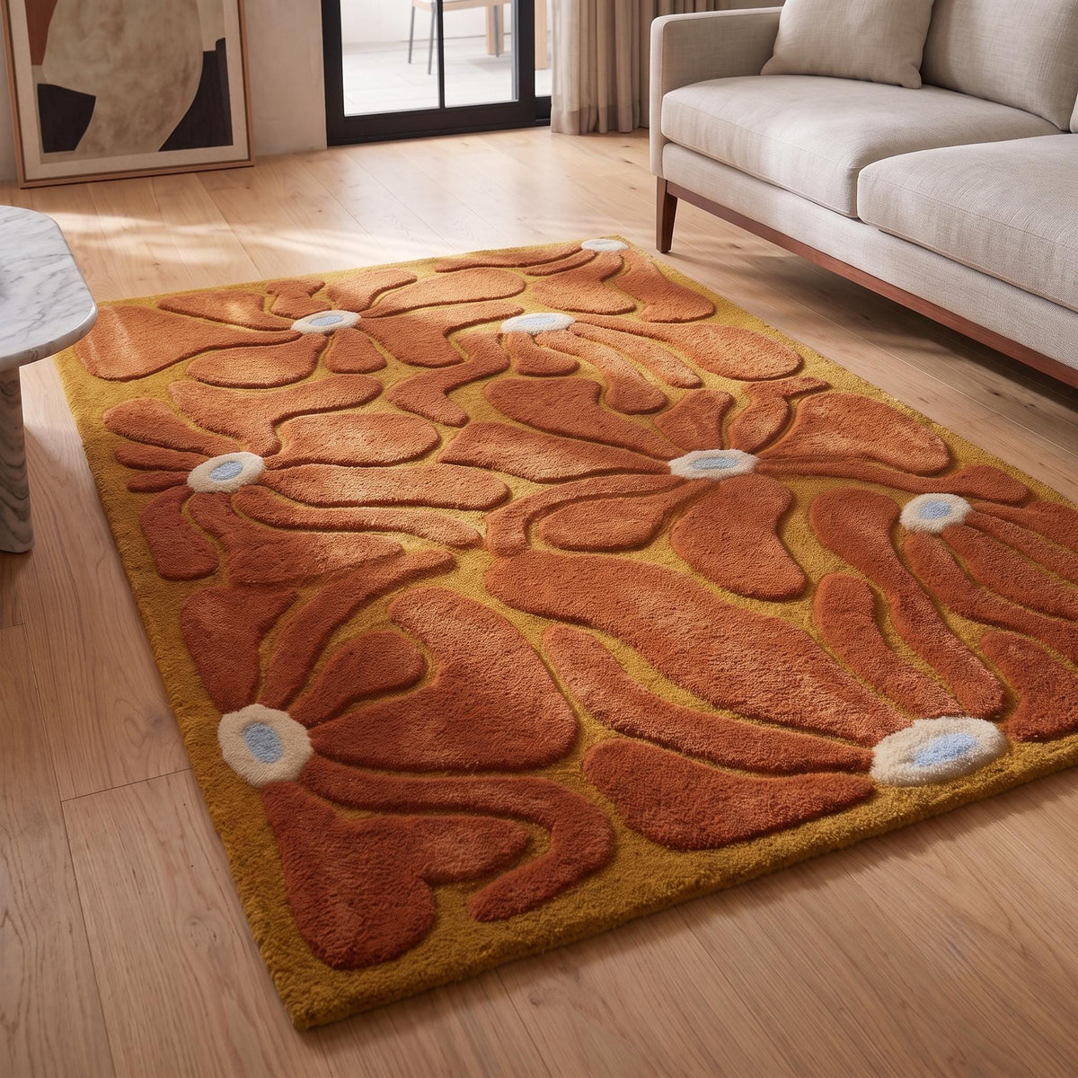 Terracotta and Mustard Retro Floral Rug – Hand Tufted 70s Wool Rug – image 1