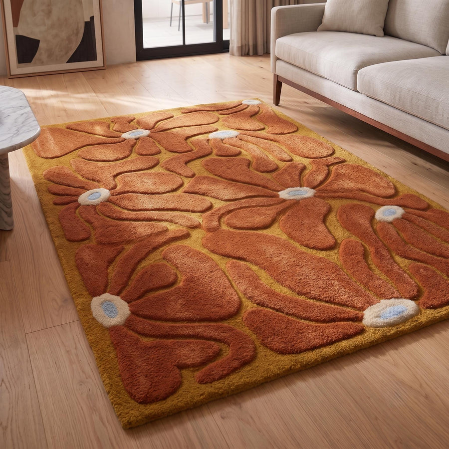 Terracotta and Mustard Retro Floral Rug – Hand Tufted 70s Wool Rug