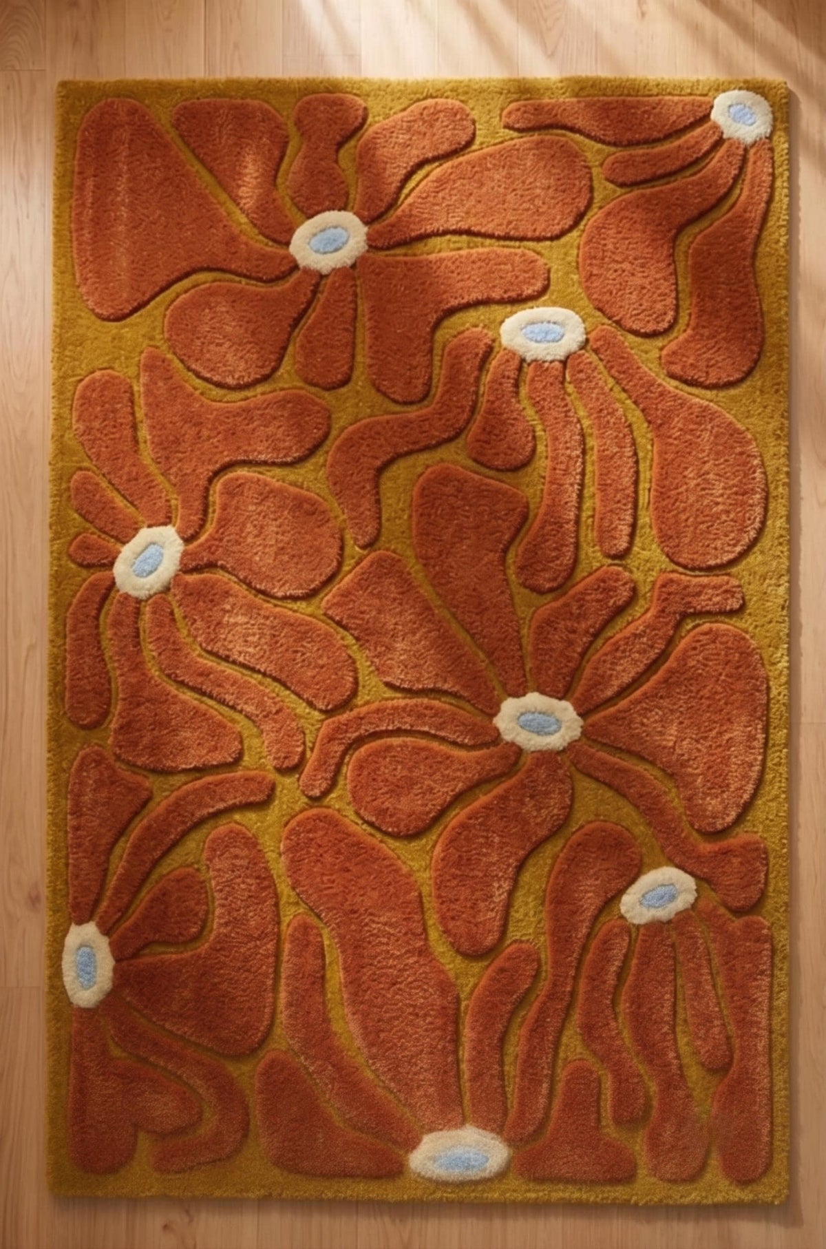 Terracotta and Mustard Retro Floral Rug – Hand Tufted 70s Wool Rug – image 7