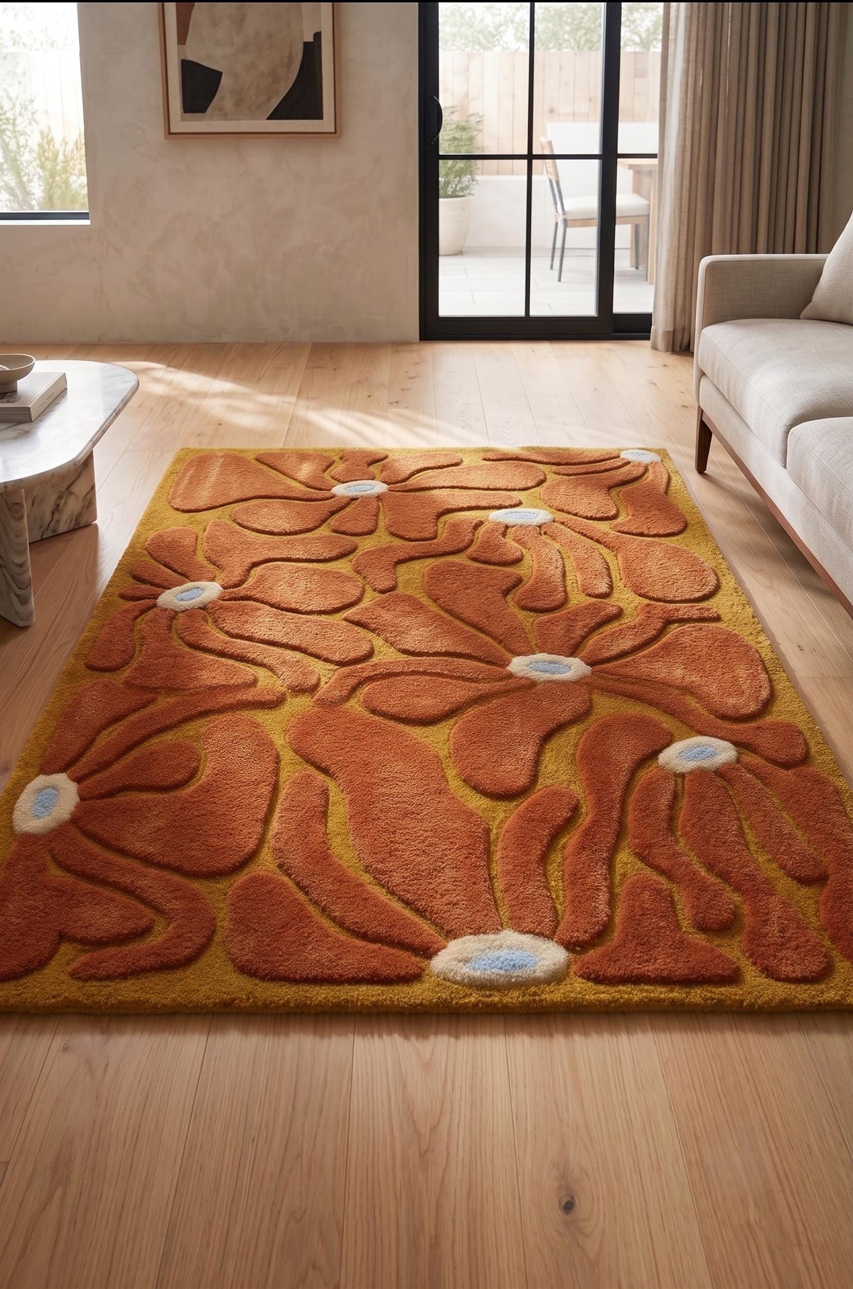 Terracotta and Mustard Retro Floral Rug – Hand Tufted 70s Wool Rug – image 8