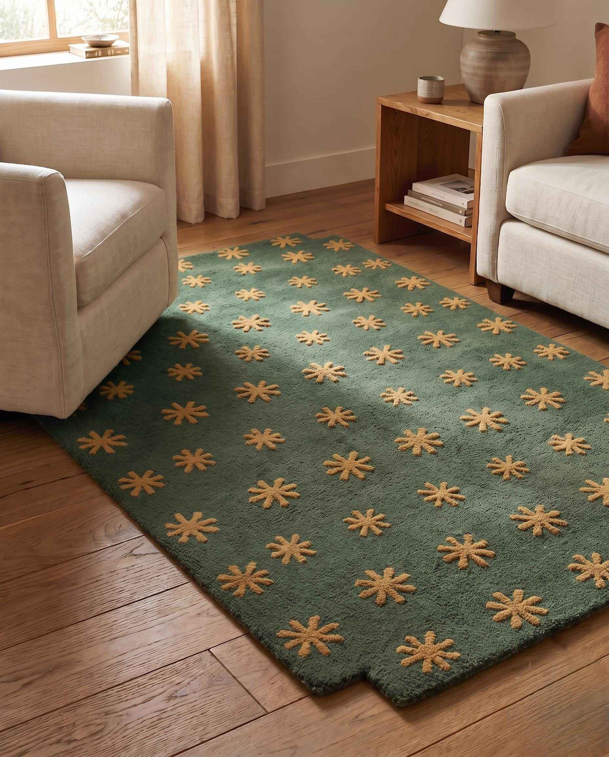 Olive Green Starburst Rug – Hand Tufted Mid Century Modern Wool Rug