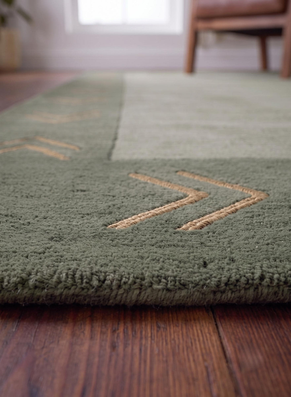 Sage Green Chevron Border Wool Rug – Hand Tufted Vintage Modern Rug – image 5