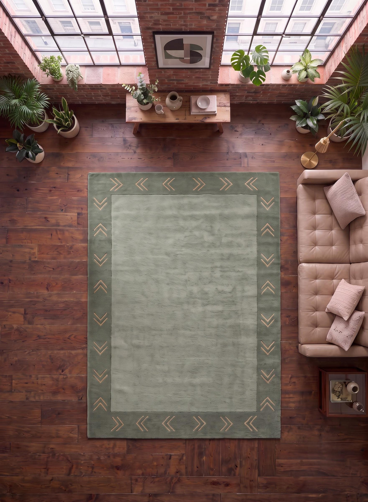 Sage Green Chevron Border Wool Rug – Hand Tufted Vintage Modern Rug – image 7