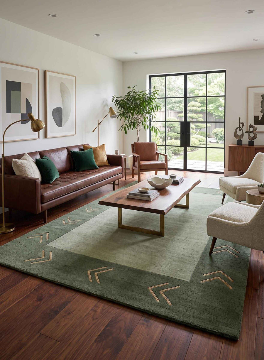 Sage Green Chevron Border Wool Rug – Hand Tufted Vintage Modern Rug