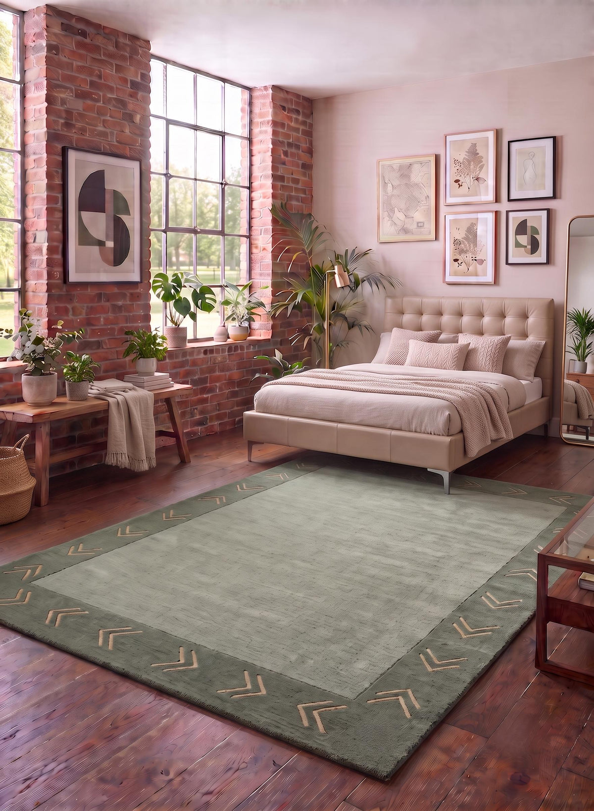 Sage Green Chevron Border Wool Rug – Hand Tufted Vintage Modern Rug – image 6