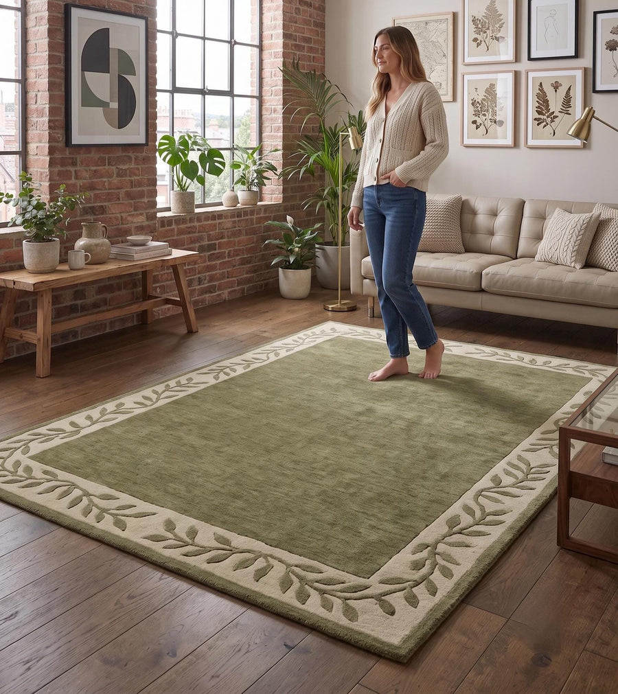 Sage Green Leaf Border Wool Rug – Hand Tufted Earthy Vintage Rug – image 4