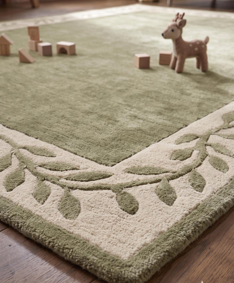 Sage Green Leaf Border Wool Rug – Hand Tufted Earthy Vintage Rug – image 2