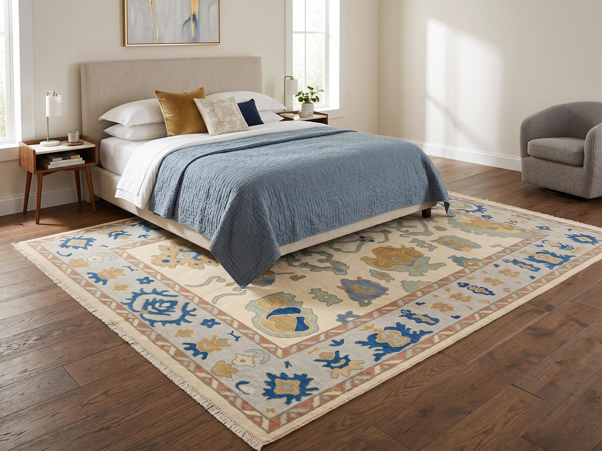 Blue and Beige Oushak Style Wool Rug – Hand Knotted Traditional Floral Rug – image 8