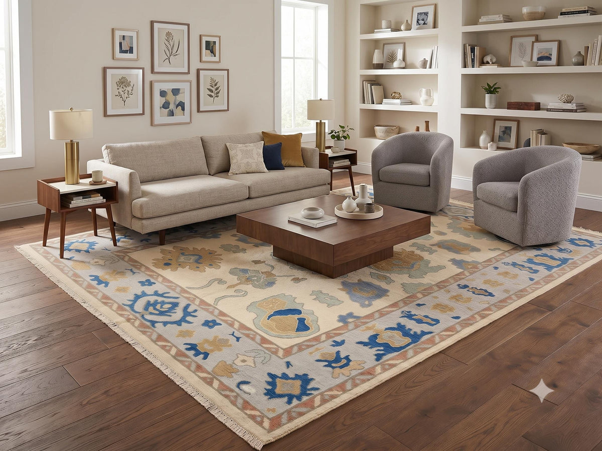 Blue and Beige Oushak Style Wool Rug – Hand Knotted Traditional Floral Rug – image 7