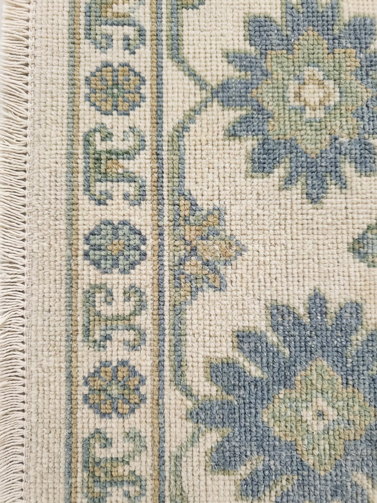 Blue and Beige Oushak Style Wool Rug – Hand Knotted Traditional Floral Rug – image 6